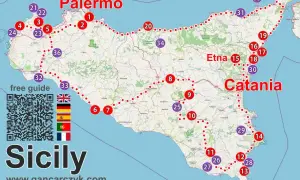 Mapa Sycylii z zaznaczonymi punktami, idealna jako przewodnik po wyspie. Obejmuje Palermo, Katanie, Etnę i wiele innych atrakcji.