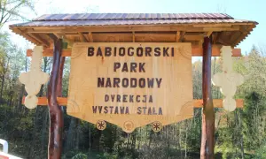Drewniana tablica informacyjna Babiogórskiego Parku Narodowego. Zapowiada liczne zawoja atrakcje i wystawę stałą.