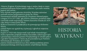 Widok z lotu ptaka na Plac Świętego Piotra i Bazylikę. Tekst opisuje ciekawostki o Watykanie, jego historię i powstanie państwa.
