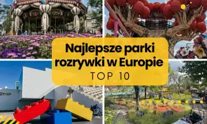 Najlepsze parki rozrywki w Europie: karuzela, baśniowe drzewo, budynek z klocków Lego i przejażdżka z figurkami zwierząt.