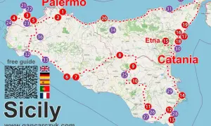 Mapa Sycylii z zaznaczonymi trasami i atrakcjami. Widać Palermo, Katanię, Etnę i wiele innych punktów.