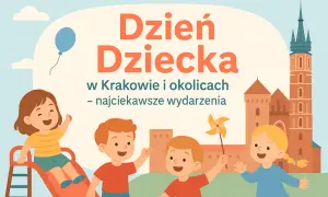 Radosne dzieci bawią się na zjeżdżalni i z wiatraczkiem. Zapowiedź wydarzeń dla dzieci Kraków.
