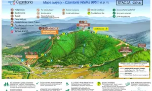 Mapa turystyczna ustronie górskie Czantoria. Kolej linowa, szlaki, wieża widokowa, punkty widokowe, gastronomia.