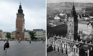 Kraków opis miasta: Ratusz na Rynku Głównym dziś i dawniej. W tle widać wzgórza otaczające miasto.