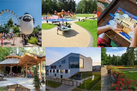 Rabka-Zdrój oferuje wiele atrakcji: wesołe miasteczko z diabelskim młynem, plac zabaw, teatr, park z kwiatami i drewnianą altaną.