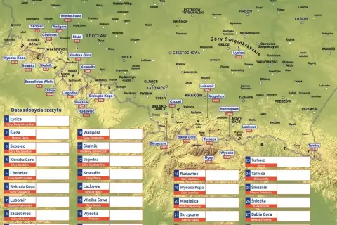 Mapa przedstawia korona gór polskich z zaznaczonymi szczytami i ich wysokościami.