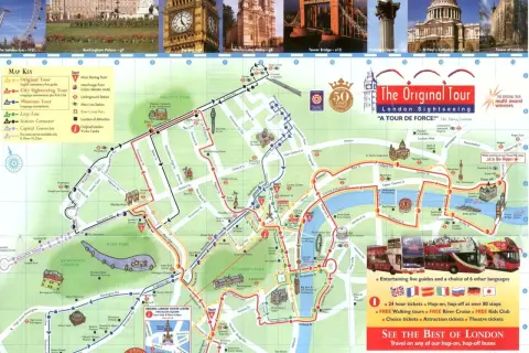Mapa Londynu z zaznaczonymi trasami wycieczek, idealna do odkrywania fajne miejsca w Londynie.