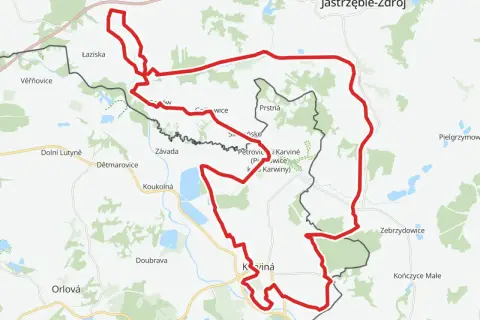 Mapa z zaznaczonymi trasami rowerowymi Małopolska, prowadzącymi przez malownicze tereny z licznymi miejscowościami.