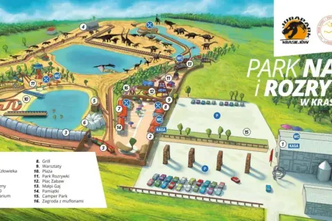 Mapa Parku Nauki i Rozrywki w Krasiejowie. Widoczne dinozaury, jeziora, place zabaw i inne atrakcje.