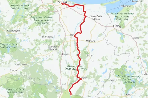 Mapa przedstawia trasę rowerową R10 od Gdańska przez Malbork i okolice Dolnej Wisły, aż po Pojezierze Iławskie.