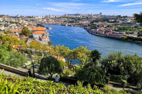 Widok na rzekę Duero i zabytkowe centrum Porto. Widać łodzie, kolorowe kamienice i zielone wzgórza. To idealne miejsce na podziwianie porto atrakcje.