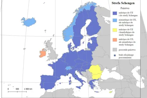 Mapa Europy pokazuje strefę Schengen. Gdzie jest Zurych? W Szwajcarii, która należy do UE i strefy Schengen (kolor niebieski).