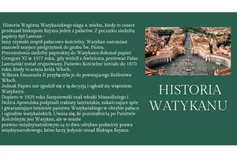 Widok z lotu ptaka na Plac Świętego Piotra i Bazylikę. Tekst opisuje ciekawostki o Watykanie, jego historię i powstanie państwa.