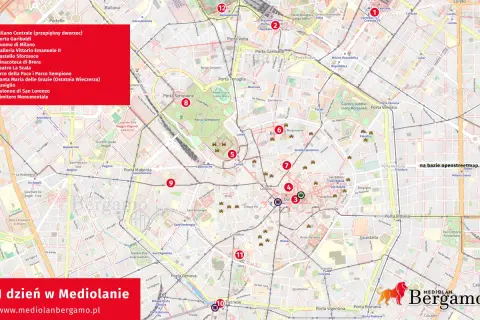 Mapa Mediolanu z zaznaczonymi atrakcjami: Duomo, Galleria Vittorio Emanuele II, Castello Sforzesco, Naviglio. Planuj zwiedzanie Mediolanu!
