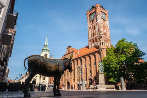 Pomnik osiołka na Rynku Staromiejskim w Toruniu, w tle Ratusz Staromiejski i kościół. Jedna z wielu toruńskich atrakcji.