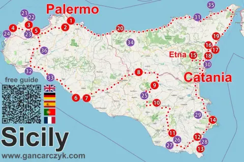 Mapa Sycylii z zaznaczonymi trasami i atrakcjami. Widać Palermo, Katanię, Etnę i wiele innych punktów.