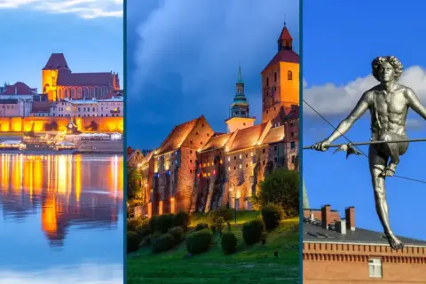 Kujawy atrakcje: Toruń nocą, zamek w Golubiu-Dobrzyniu i rzeźba na linie.