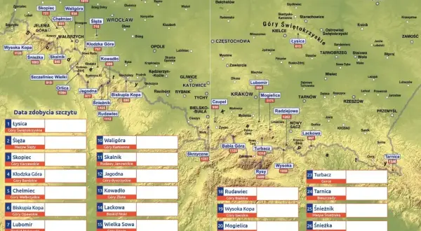 Mapa przedstawia korona gór polskich z zaznaczonymi szczytami i ich wysokościami.