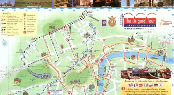 Mapa Londynu z zaznaczonymi trasami wycieczek, idealna do odkrywania fajne miejsca w Londynie.