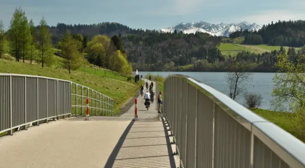 Rowerzyści przemierzają malowniczą trasę Velo Czorsztyn nad jeziorem, w tle piękne góry.