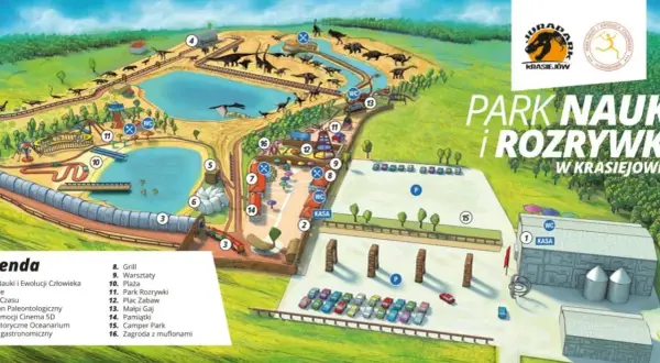 Mapa Parku Nauki i Rozrywki w Krasiejowie. Widoczne dinozaury, jeziora, place zabaw i inne atrakcje.