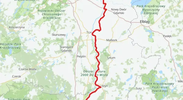 Mapa przedstawia trasę rowerową R10 od Gdańska przez Malbork i okolice Dolnej Wisły, aż po Pojezierze Iławskie.
