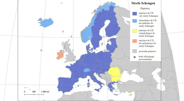 Mapa Europy pokazuje strefę Schengen. Gdzie jest Zurych? W Szwajcarii, która należy do UE i strefy Schengen (kolor niebieski).