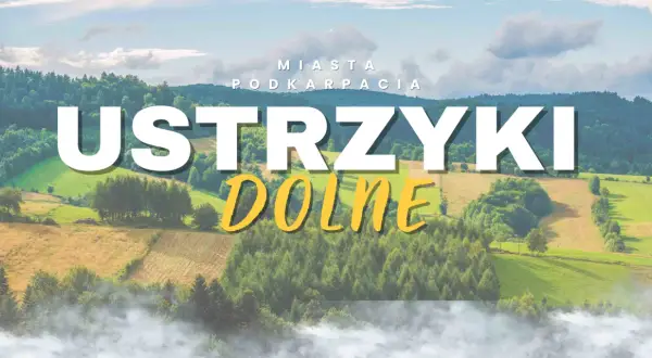 Ustrzyki Dolne, miasto w Podkarpaciu, otoczone zielonymi wzgórzami i lasami, z mgłą unoszącą się u podnóża.