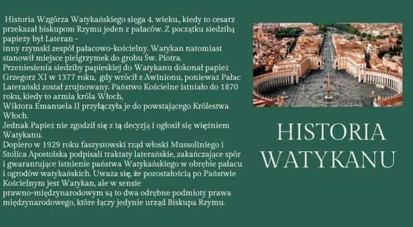 Widok z lotu ptaka na Plac Świętego Piotra i Bazylikę. Tekst opisuje ciekawostki o Watykanie, jego historię i powstanie państwa.