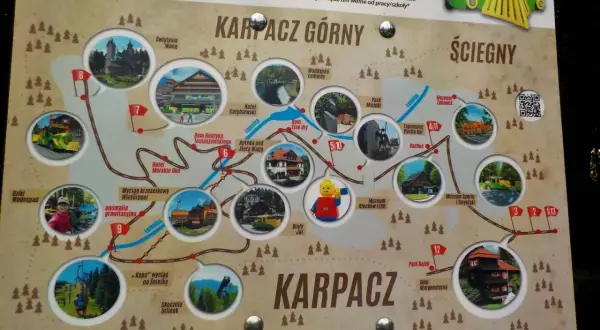 Mapa atrakcji Karpacza: Świątynia Wang, Muzeum Klocków LEGO, wyciągi i inne karpackie cuda.