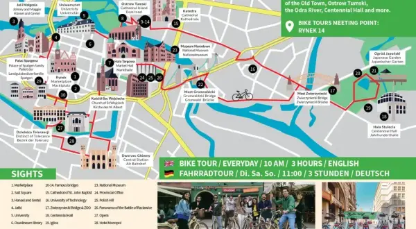 Mapa Wrocławia z zaznaczoną trasą rowerową na 3 dni. Odkryj Rynek, Ostrów Tumski i inne atrakcje.