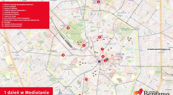 Mapa Mediolanu z zaznaczonymi atrakcjami: Duomo, Galleria Vittorio Emanuele II, Castello Sforzesco, Naviglio. Planuj zwiedzanie Mediolanu!