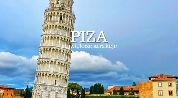 Piza: Krzywa Wieża i inne największe atrakcje miasta na tle błękitnego nieba z chmurami.