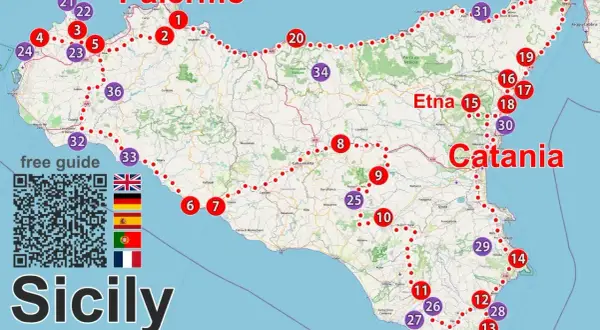 Mapa Sycylii z zaznaczonymi trasami i atrakcjami. Widać Palermo, Katanię, Etnę i wiele innych punktów.