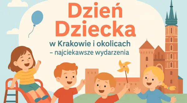 Radosne dzieci bawią się na zjeżdżalni i z wiatraczkiem. Zapowiedź wydarzeń dla dzieci Kraków.