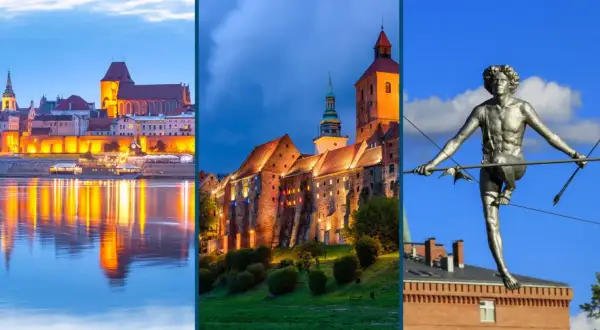 Kujawy atrakcje: Toruń nocą, zamek w Golubiu-Dobrzyniu i rzeźba na linie.