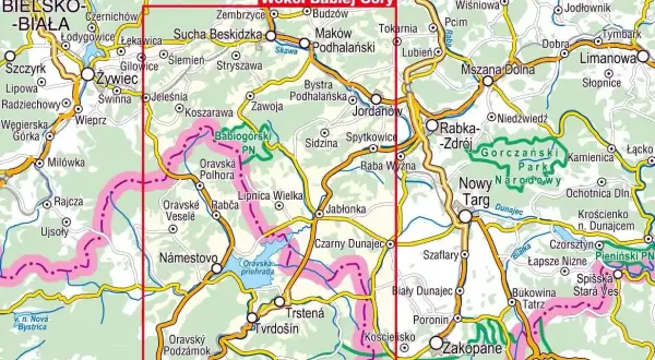 Mapa turystyczna z zaznaczonym obszarem wokół Babiej Góry, obejmującym Beskid Żywiecki, Orawę i Tatry.