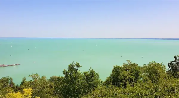 Widok na turkusowe wody Balatonu z licznymi żaglówkami. Na pierwszym planie bujna zieleń drzew, a w oddali widać zarys miejscowości nad Balatonem.