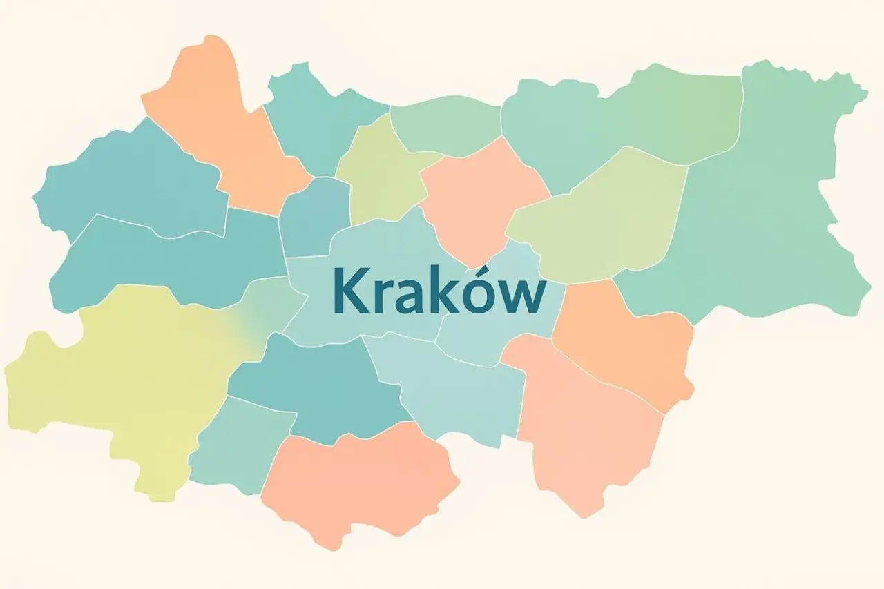 Mapa Krakowa z zaznaczonymi kolorowymi dzielnicami.