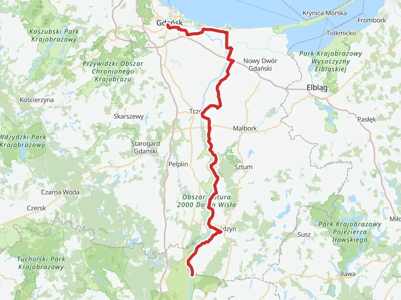 Mapa przedstawia trasę rowerową R10 od Gdańska przez Malbork i okolice Dolnej Wisły, aż po Pojezierze Iławskie.