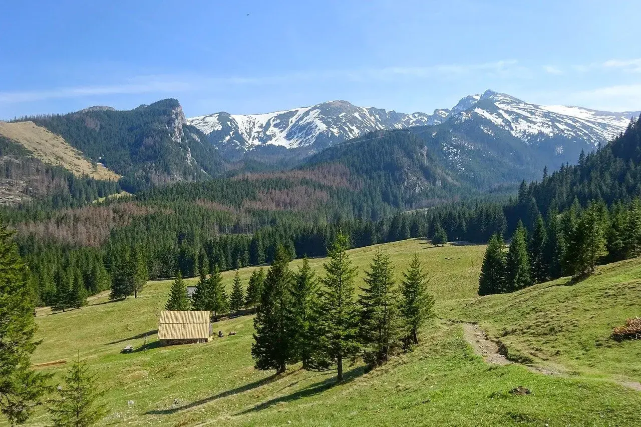 Piękne Tatry Zachodnie, idealne na wycieczkę z Zakopanego. Widać ośnieżone szczyty, lasy i polanę z bacówką.