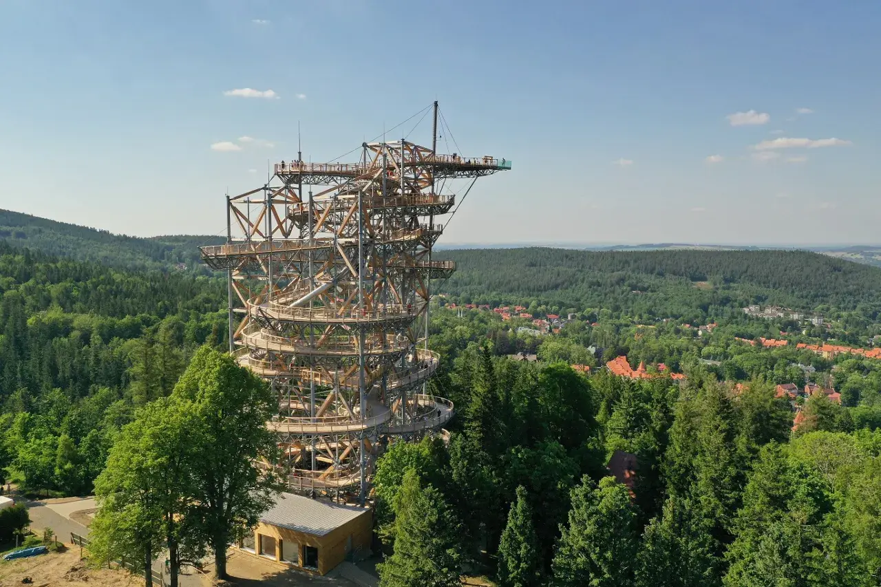 Drewniana wieża widokowa z krętymi ścieżkami, oferująca wspaniały sky walk nad lasem i miasteczkiem.