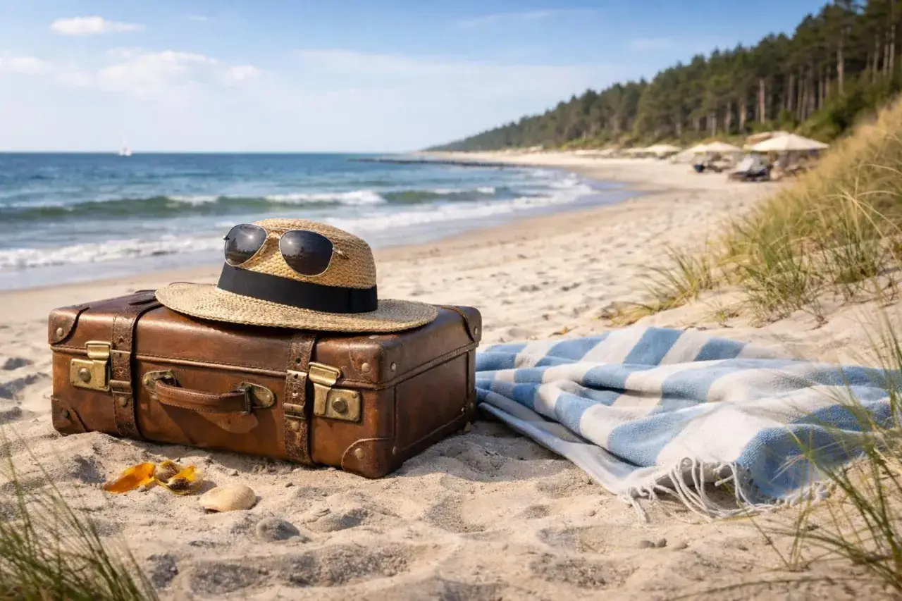 Walizka, kapelusz i okulary przeciwsłoneczne na plaży. Idealne rzeczy, co zabrać nad morze na relaks.