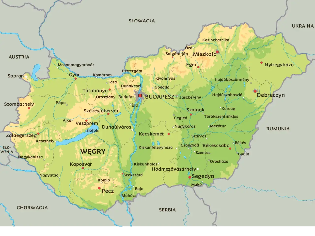 Mapa polityczna Węgier z zaznaczonymi miastami i granicami. Gdzie są Węgry? Na wsch&oacute;d od Austrii, między Słowacją a Rumunią.