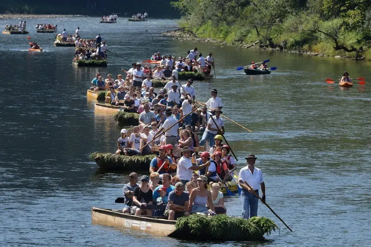Flisacy Dunajec na tratwach pełnych turyst&oacute;w płyną wartkim nurtem rzeki.