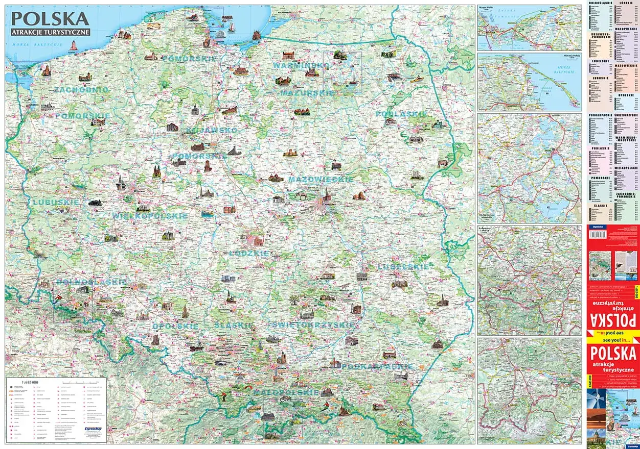 Mapa Polski z atrakcjami turystycznymi. Idealny przewodnik po Polsce, pokazujący zabytki, miasta i drogi.