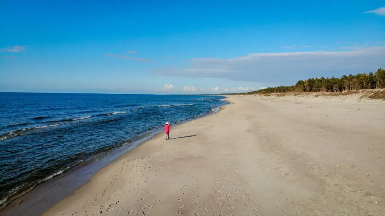 Spokojna plaża w Krynicy Morskiej, idealne miejsce na spacer. Piasek, morze i las tworzą piękne krajobrazy, a krynica morska atrakcje czekają na odkrycie.