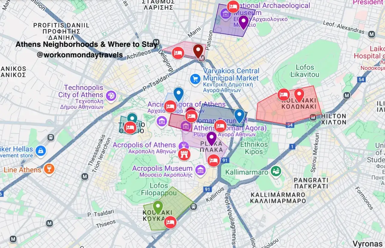 Mapa Aten z zaznaczonymi dzielnicami: Plaka, Kolonaki, Akropol. Planowanie podróży po Ateny dzielnice.