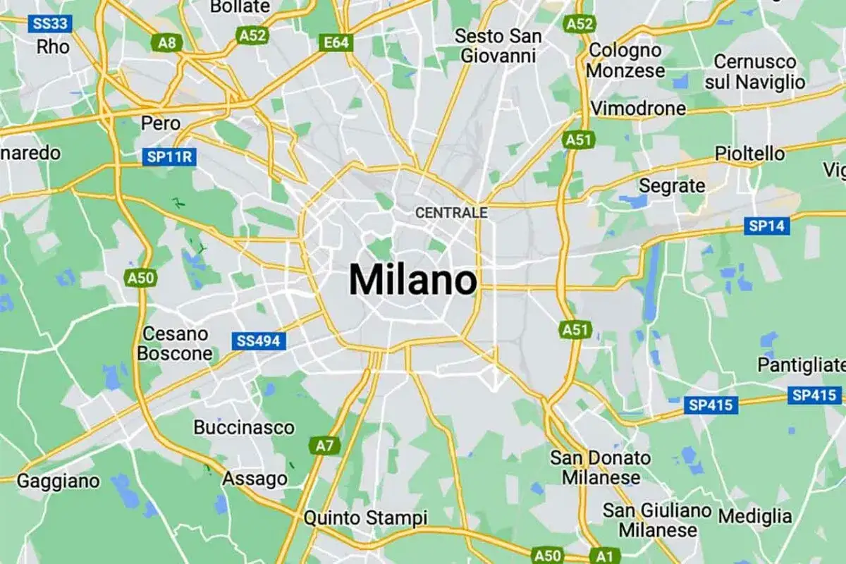 Mapa drogowa Mediolanu i jego mediolan dzielnice takie jak Pero, Cesano Boscone, Buccinasco, Assago, Sesto San Giovanni, Cologno Monzese, Segrate.