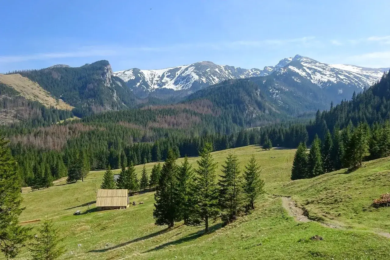Malowniczy widok na Tatry z drewnianą chatką na hali. Idealne miejsce na odkrywanie ciekawych miejsc w g&oacute;rach.
